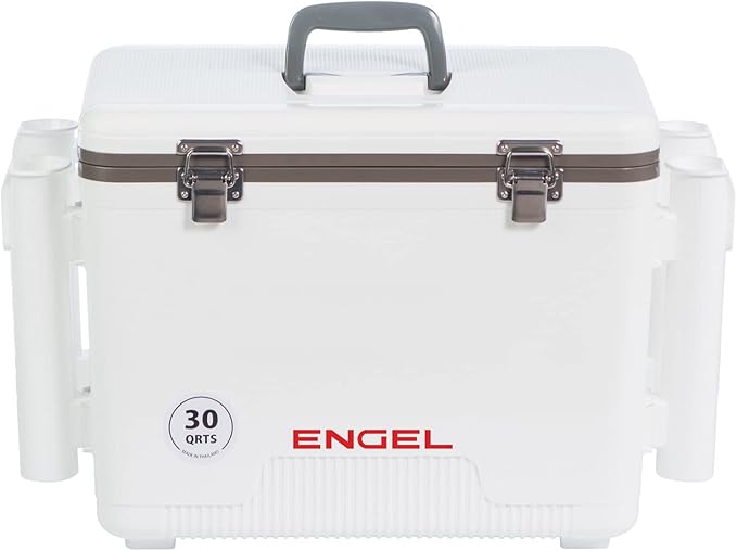 Engel UC30 30qt Leak-Proof, Air Tight, Fishing Drybox Cooler with Built-in Fishing Rod Holders, Also Makes The Perfect Hard Shell Lunchbox for Men and Women in White by ENGEL