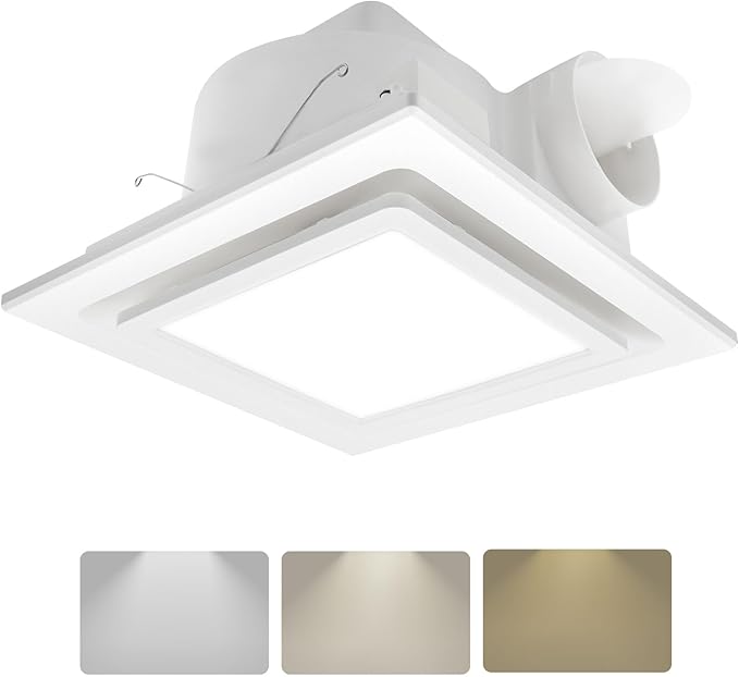 Bathroom Exhaust Fan with Light,11.8 in Panel,12W Square LED,141 CFM,0.7 Sones,110V 45W Quiet Bathroom Ventilation Exhaust Fan for Shower/Restroom/Office/Home (3 Adjustable Colors LED) by POWERENG