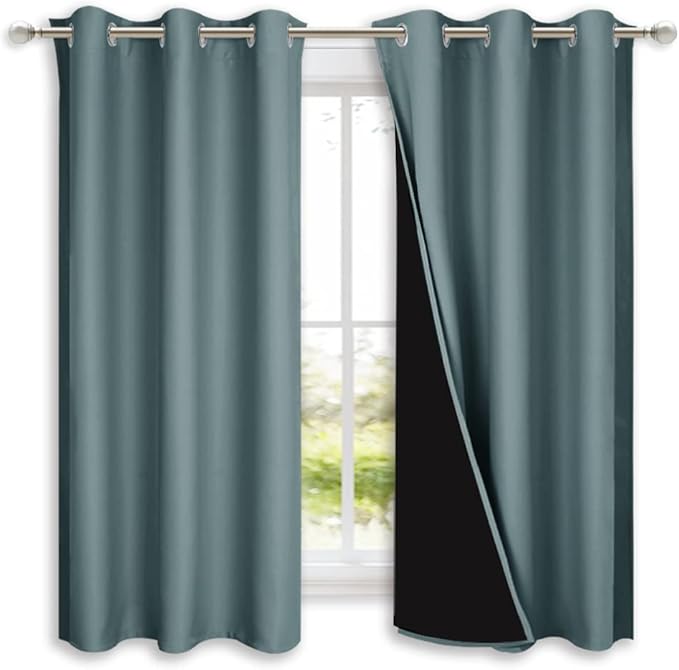 NICETOWN Greyish Blue 100% Blackout Lined Curtains, 2 Thick Layers Completely Blackout Window Treatment Panels Thermal Insulated Drapes for Kitchen (1 Pair, 42" Width x 63" Length Each Panel) by NICETOWN