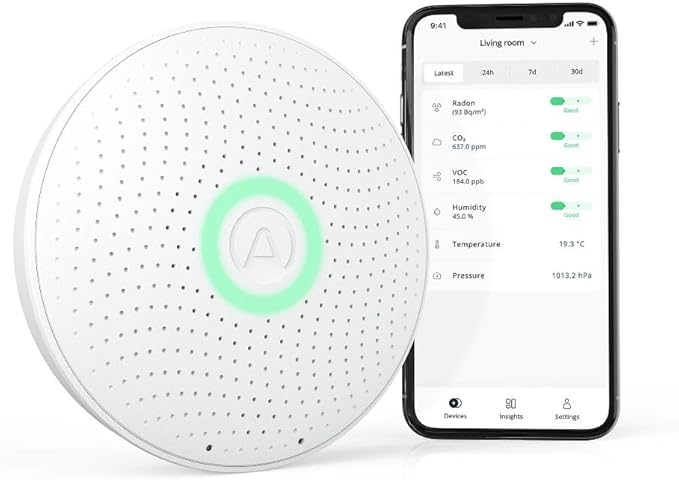 Airthings 2930 Wave Plus - Radon & Air Quality Monitor, Battery Powered (CO2, VOC, Humidity, Temp, Pressure) by Airthings