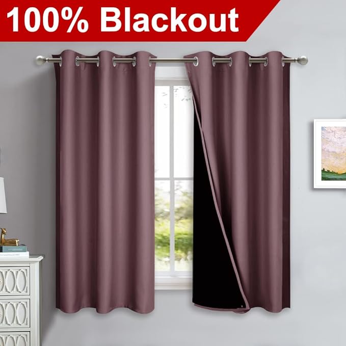 NICETOWN 100% Blackout Short Curtains with Black Liners, 2 Panels, 37" W by 40" L, Dry Rose, Solid Thermal Insulated Full Blackout 2-Layer Lined Drapes, Energy Efficiency Window Draperies for Bedroom - Image 2