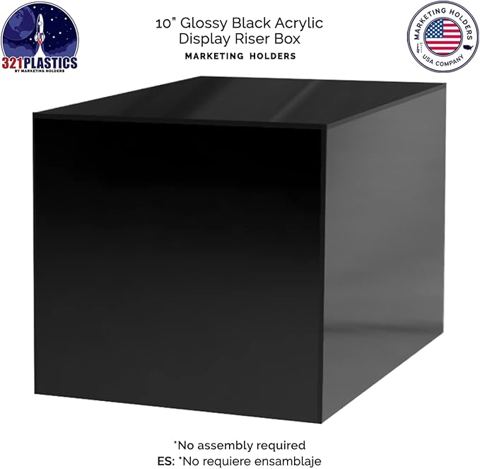 10" Acrylic Display Riser Box with 1 Open Side No Lid Glossy Black Square Retail Merchandise Storage Bin Product Platform by Marketing Holders - Image 6