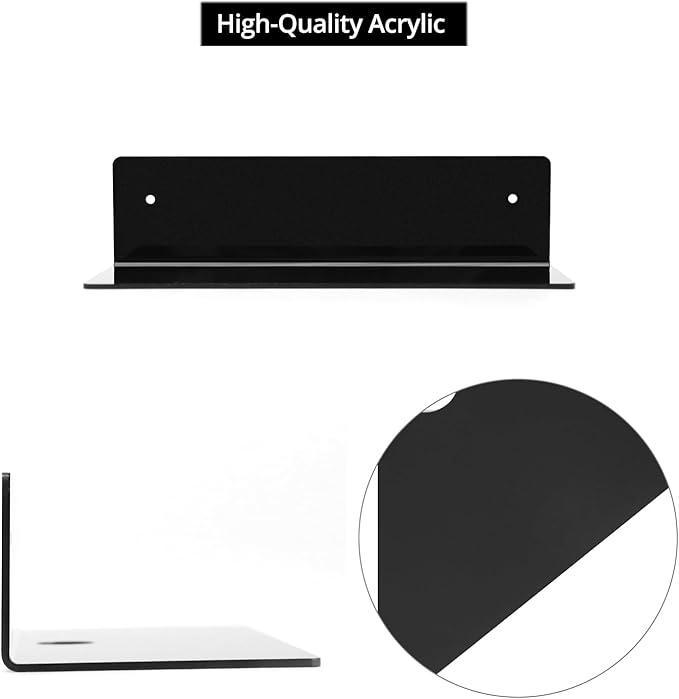 QWORK Acrylic Floating Wall Shelves, 4-Pack 9 Inch Black Adhesive Display Shelf - for Storage & Display of Small Items and Collectibles - Image 5