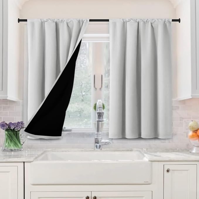 H.VERSAILTEX 100% Blackout Curtains for Bedroom Short Curtain Half 2 Panels Window Curtains for Kitchen, Privacy Energy Saving Curtain Tiers for Bathroom Shades, W 42 x L 36 inch, Greyish White by HVERSAILTEX