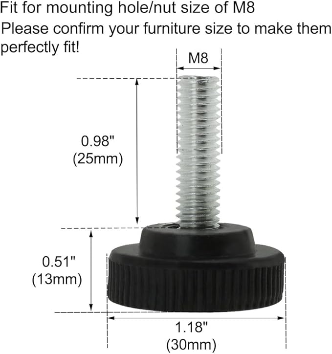 uxcell M8 x 25 x 30mm Screw on Furniture Glide Leveling Feet Adjustable Leveler Pad for Chair Industrial Machine Desk Leg 2 Pack, Black and Silver Tone - Image 2