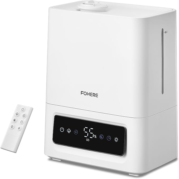 FOHERE 6L Humidifiers for Bedroom, 60H Cool Mist Humidifier for Large Room, 28dB Ultra-Quiet Runtime for Baby, Indoor, Plants, Smart Humidity Sensor, 16H Timer, Night Light, Oil Diffuser, White by HOME
