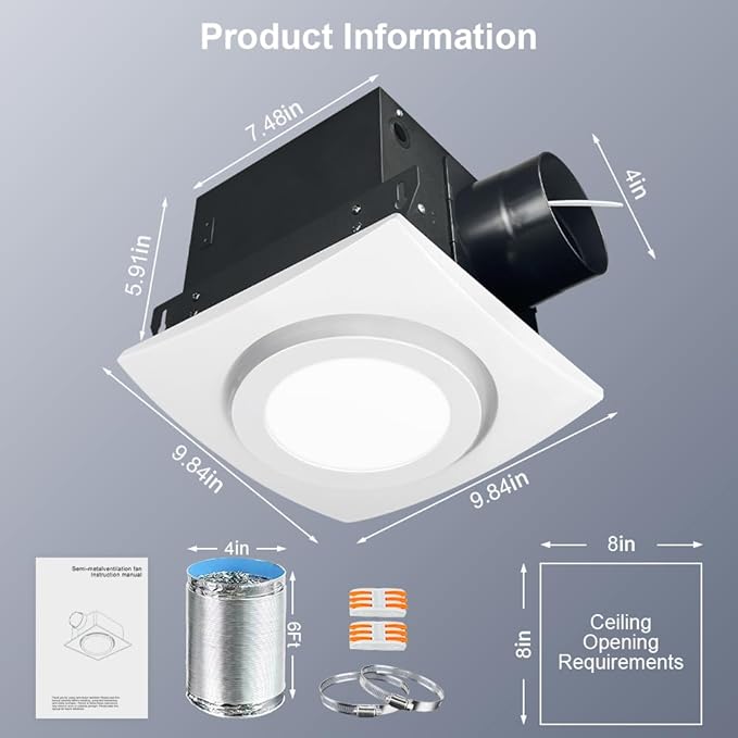 88CFM 1.0 Sone Bathroom Exhaust Fan with Light, Ultra-Quiet Bathroom Vent Fan Extractor with 6FT Flexible Ducting Hose and Clamps, Ceiling Mount Ventilation Shower Bath Fan - Image 6