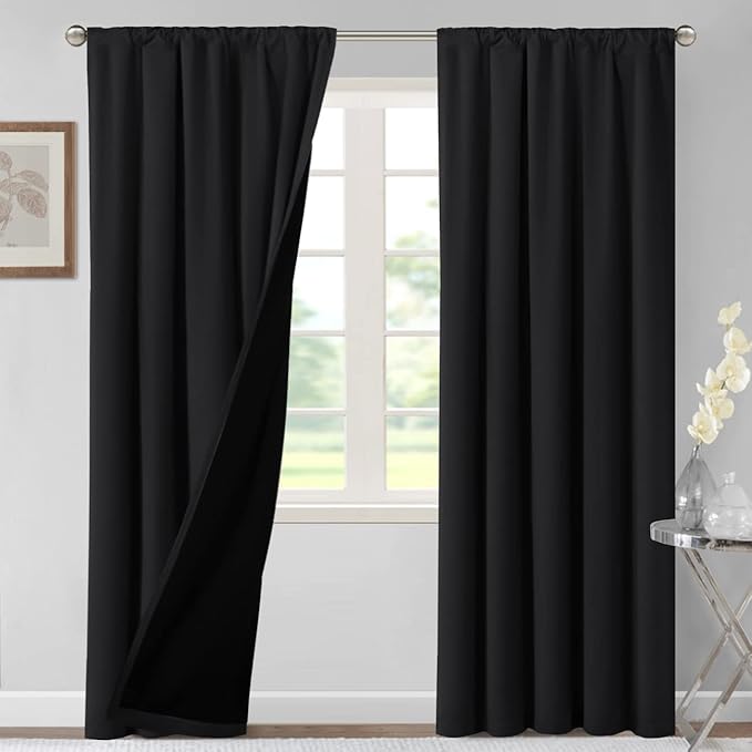 H.VERSAILTEX 100% Blackout Curtains for Bedroom Thermal Insulated Blackout Curtains 96 Inches Long Rod Pocket Window Drapes for Living Room with Black Liner 2 Panels Set, Jet Black - Image 2