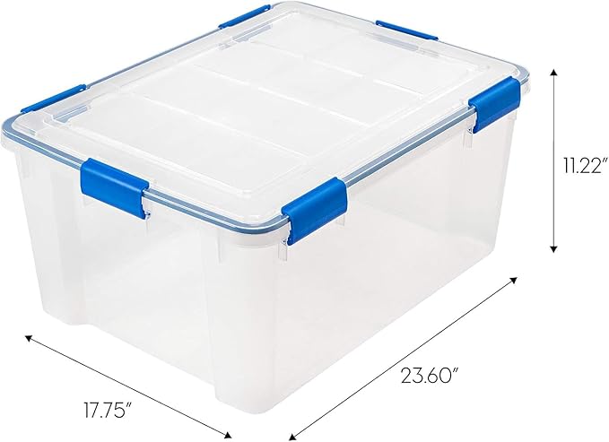 IRIS USA 60 Quart WEATHERPRO Plastic Storage Box with Durable Lid and Seal and Secure Latching Buckles, 3 Pack, Weathertight, Keep Pest Dust and Moisture Out, for Oversized Bulky Items, Clear/Blue - Image 2