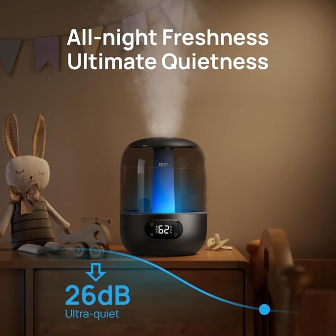DREO Humidifiers for Bedroom, 3L Top Fill 30H & 26dB Quiet Runtime for Large Room, Cool Mist Ultrasonic Humidifier with Humidity Sensor, Night Light for Home, Baby, Nursery, Plants, 360° Nozzle, Black - Image 3