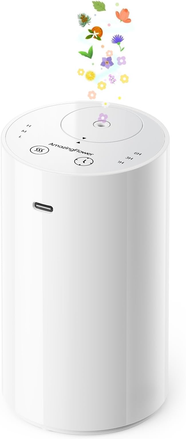 Waterless Essential Oil Diffuser, Portable Aromatherapy Diffuser with 20mL Capacity, Battery Operated Mini Scent Diffuser,3 Mist Levels & Timers, Leak-Free, for Home, Car, Office (White) by AMAZINGFLOWER