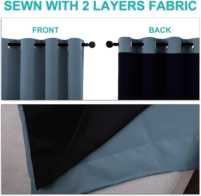 NICETOWN 100% Blackout Lined Curtains, Smoky Blue, 1 Pair, 70" Width x 63" Length Each Panel, 2 Thick Layers Completely Blackout Window Treatment Thermal Insulated Drapes for Kitchen/Bedroom - Image 5