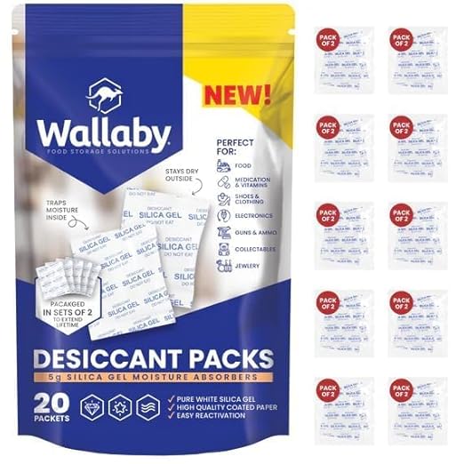Wallaby 5 gram (20 Packets) Food Safe Pure White Silica Gel Desiccant Dehumidifier Packs - Rechargeable & Coated Moisture Absorbers - Protects Against Moisture Damage - (Packed in 10x Sets of 2) by WallabyGoods