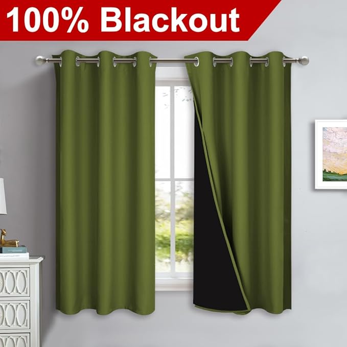 NICETOWN 100% Blackout Short Curtains with Black Liners, 2 Panels, 37" W by 40" L, Olive Green, Solid Thermal Insulated Full Blackout 2-Layer Lined Drapes, Energy Efficiency Window Drapes for Bedroom - Image 2
