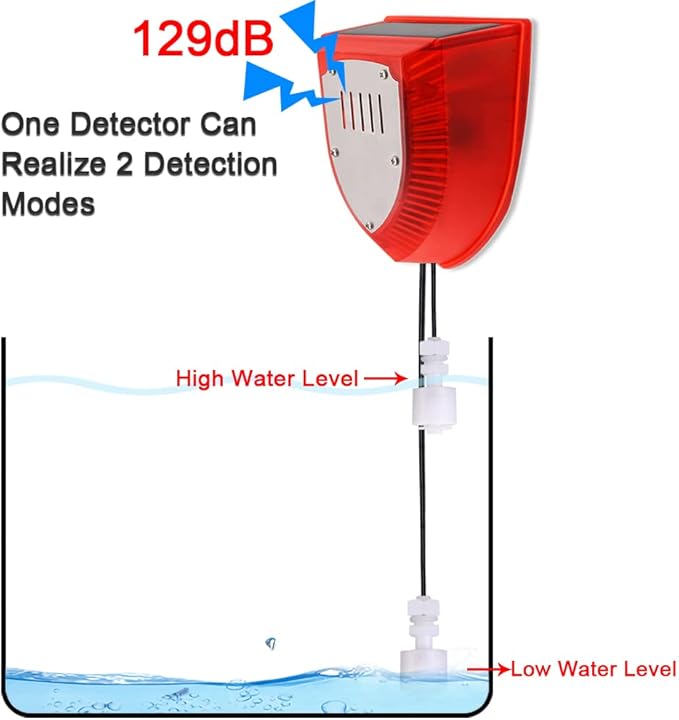 Solar Water Level Sensor, High/Low Water Level Alarm with Dual Probe, 129 dB Red Strobe Siren with Adjustable Volume, Bobber Water Detector, 16.4ft Detect Cord, IP55 Waterproof for Indoor /Outdoor - Image 6