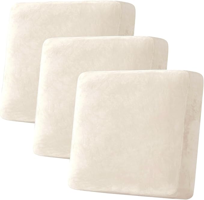 H.VERSAILTEX Velvet Stretch Couch Cushion Cover Plush Cushion Slipcover for Chair Loveseat Sofa Cushion Furniture Protector Seat Cushion Sofa Cover (3 Piece XL Sofa Cushion Covers, Cream) by HVERSAILTEX