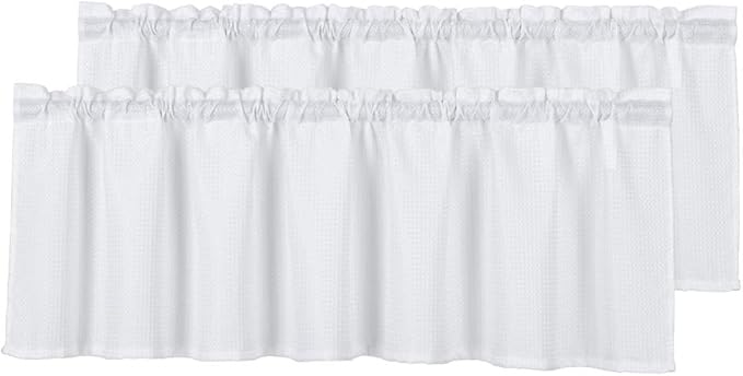 Home Queen Waffle Curtain Valances Window Treatment for Kitchen Bathroom Window, Water Repellent Straight Window Valance, Set of 2, 60 X 16 Inch, White by HomeQueen