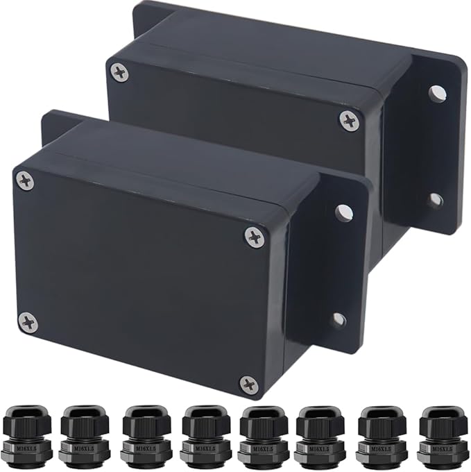 2pcs Project Box ABS Black Electrical Boxes IP65 Outdoor Waterproof Box Electronic Junction Box Fixed Ear Power Enclosure with Cable Glands for DIY Project 3.94 x 2.68 x 1.97 inch by Raculety