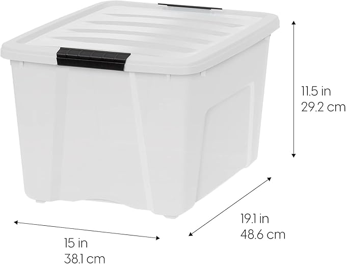 IRIS USA 40 Qt Stackable Plastic Storage Bins with Lids, 4 Pack - BPA-Free, Made in USA - Discreet Organizing Solution, Latches, Durable Nestable Containers, Secure Pull Handle - Pearl - Image 3