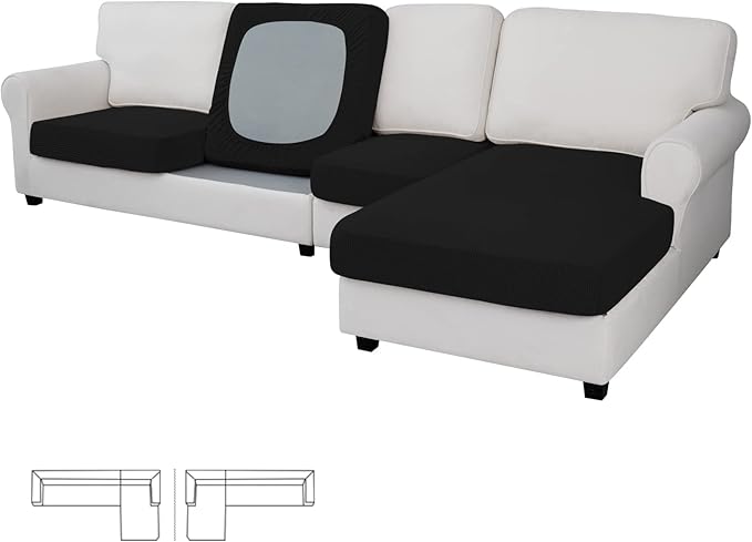 Easy-Going Stretch 4 Pieces Couch Cushion Covers for Sectional Sofa Left/Right L Shape Chaise Lounge Sofa Seat slipcover Anti-Slip Sofa Cover Soft (3 Seater + 1 Chaise, Black) by Easy-Going