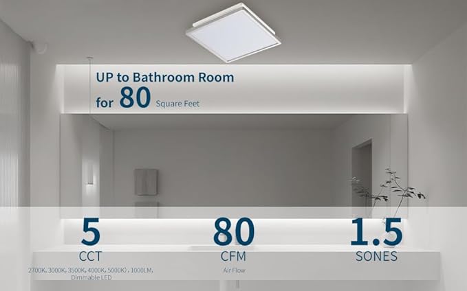 Tech Drive Modern Nickel Bathroom Exhaust Fan with Light, 80CFM, 1000lm Dimmable 5CCT LED Light Selectable, Quiet Ventilation fan with night light,Energy Star Certified,Decorative Nickel Trim - Image 5