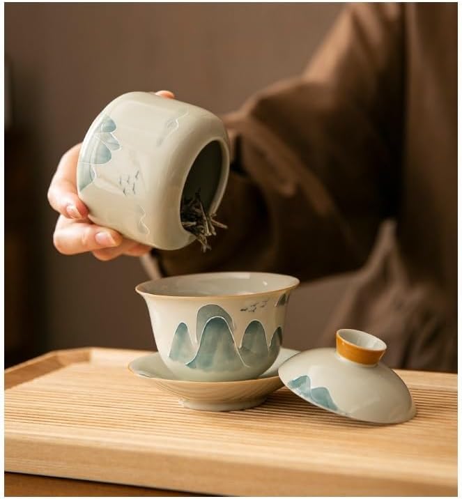 Storage Tank Hand-painted Distant Mountains, Green Bamboo, Persimmon Tea Cans, Small Ceramic Sealed Tea Cans, Moisture-proof Home Use Tea Storage Caddy(A) - Image 7