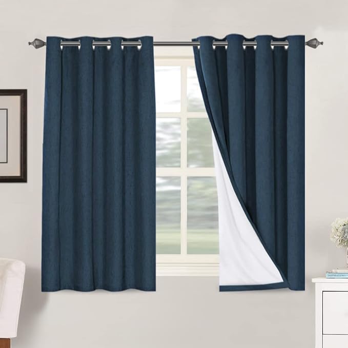 H.VERSAILTEX Linen Blackout Curtains 54 Inches Long 100% Absolutely Blackout Thermal Insulated Textured Linen Look Curtain Draperies Anti-Rust Grommet, Energy Saving with White Liner, 2 Panels, Navy by HVERSAILTEX