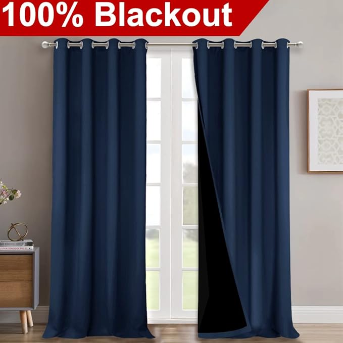 NICETOWN 100% Blackout Curtain Set, Thermal Insulated & Energy Efficiency Window Draperies for Guest Room, Full Shading Panels for Shift Worker and Light Sleepers, Navy Blue, 52W x 102L, 2 PCs - Image 2