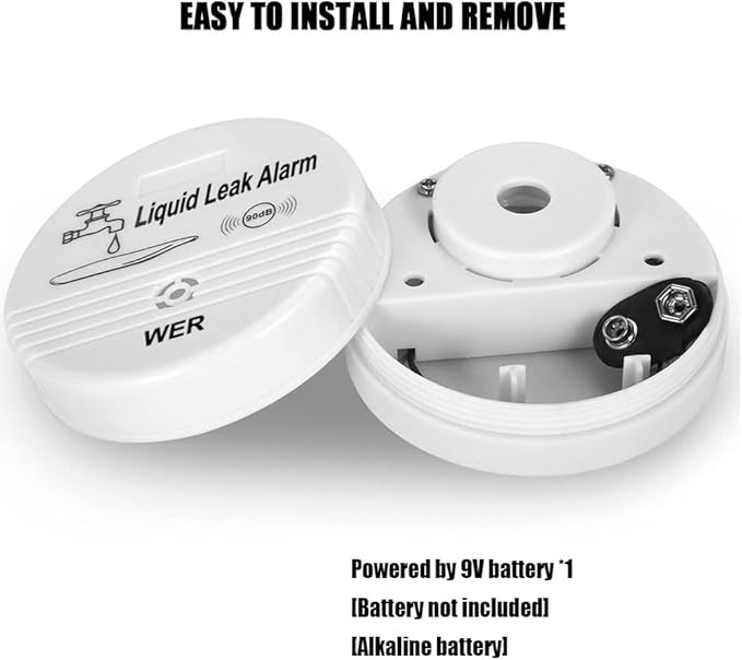 WER Water Leak Alarm Sensor, Battery Operated Leak Alert, 90dB Water Detector for Basements, Bathrooms, Laundry Rooms, Kitchens, Garages and All Office Areas (Shipped Without Battery, 2 Pack) - Image 6