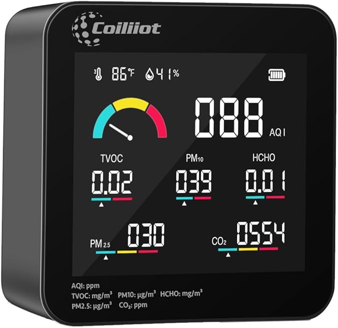 Air Quality Monitor Indoor – CO2 Detector, VOC Meter and AQI Tester Tracks TVOC, HCHO, PM2.5 & PM10 with Temperature & Humidity Sensor for Home Office (Black) by Coiliiot