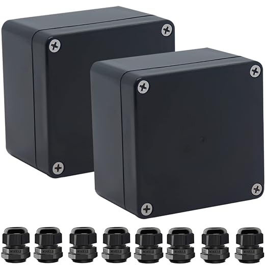 2 Packs Junction Box IP65 Waterproof ABS Plastic Electrical Project Case Power Junction Boxes, Project Box with 8 PCS M16 Cable Glands 3.27x3.19x2.2inch (83 x 81 x 56 mm) by Otdorpatio