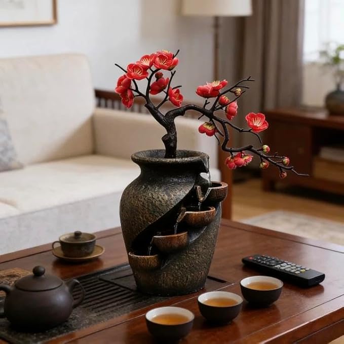 16" Flower Ornament Vase Decorative Bonsai Mini Tabletop Waterfall Fountain Indoor with Water Flow & Artificial Bouquet, Desktop Water Fountains Restaurant Coffee Home Decor or Festival Birthday Gift - Image 5
