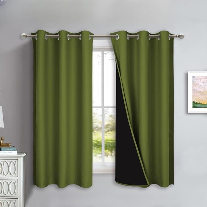 NICETOWN 100% Blackout Lined Curtains, Olive Green, 1 Pair, 42" Width x 63" Length Each Panel, 2 Thick Layers Completely Blackout Window Treatment Panels Thermal Insulated Drapes for Kitchen by NICETOWN