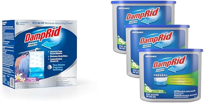 DampRid Lavender Vanilla Hanging Moisture Absorber, 15.4 oz., 6 Pack* & Fresh Scent Disposable Moisture Absorber, 10.5 oz., 3 Pack – Attracts & Traps Excess Moisture, White by Unknown