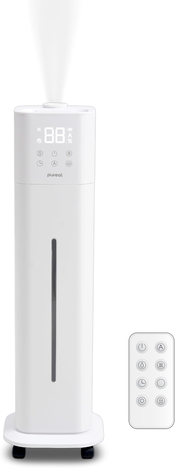 Pureal 10L Tower Humidifier, 83H Runtime, Warm & Cool Mist, Large Room, Top-Fill Tank On Wheels, Auto Mode, 12H Timer, Remote Control, Mood Light, White by PUREAL