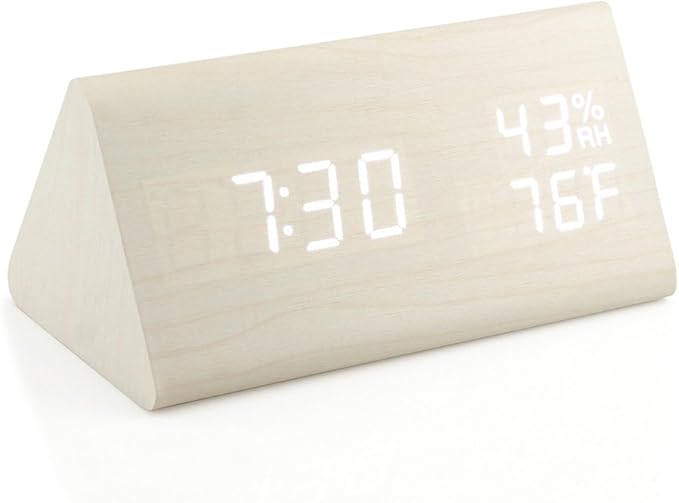 OCT17 Wooden Alarm Clock, Wood Alarm Clock Smart LED Digital Clock for Bedroom/desks, Upgraded with Time Temperature, Adjustable Brightness and Voice Control, Humidity Displaying - White by OCT17
