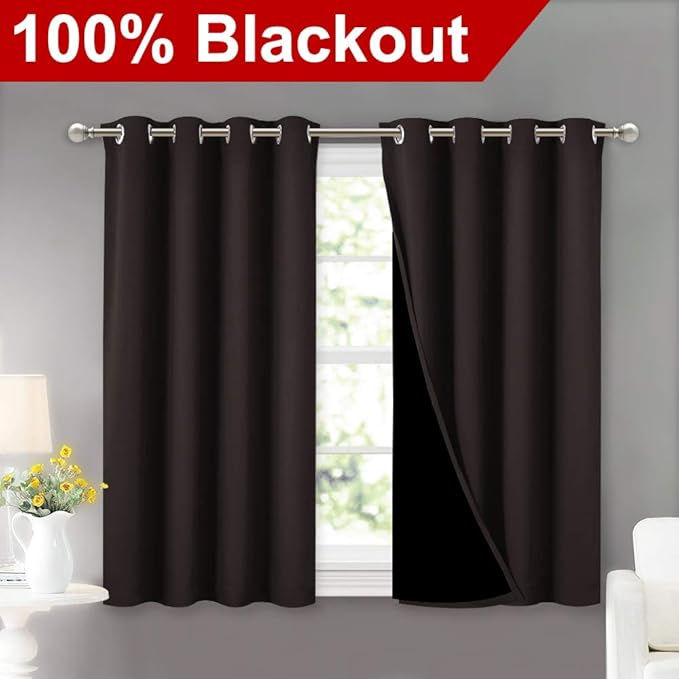 NICETOWN 100% Blackout Curtains 45 inches Length, 2 Thick Layers Completely Blackout Window Treatment Thermal Insulated Lined Drapes for Basement Window (Brown, 1 Pair, 52 inches Width Each Panel) - Image 2