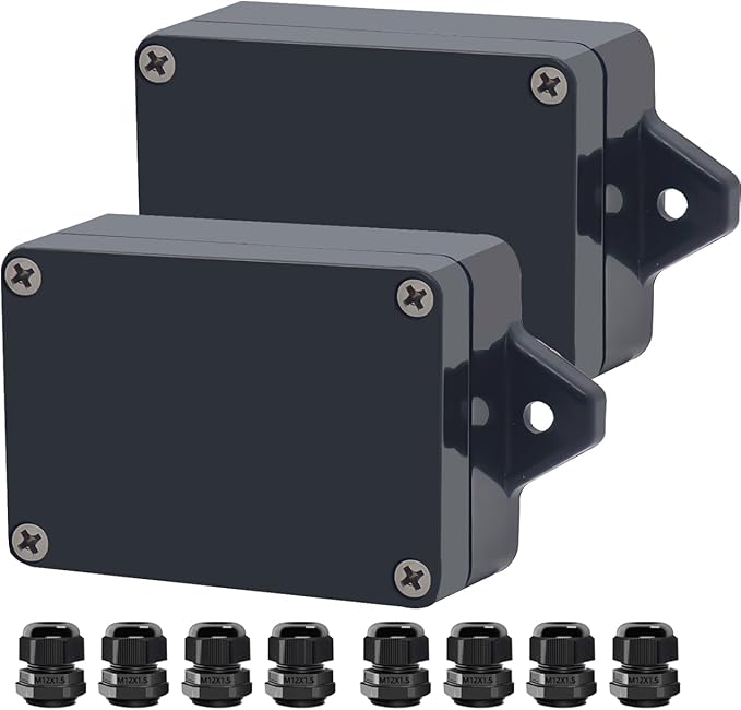 Project Box ABS Black Electrical Boxes IP65 Outdoor Waterproof Box Electronic Junction Box Fixed Ear Power Enclosure with Cable Glands for DIY Project 3.3 x 2.3 x 1.3 Inch (83 x 58 x 33 mm) by Raculety