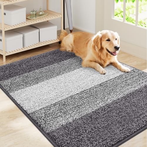 Smiry Dog Door Mat for Muddy Paws, Absorbs Moisture and Dirt, Low-Profile Entryway Mat with Non-Slip Backing, Entry Indoor Outdoor Doormat for Inside Floor (40x32 Inches, Light Grey, Striped) by Smiry