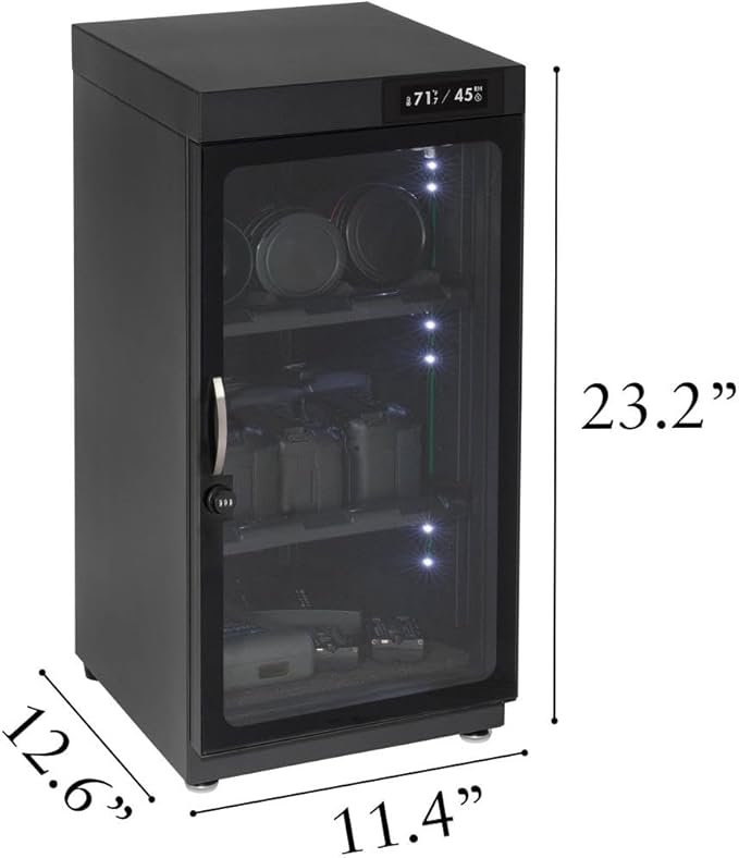 50LT Electronic Dry Cabinet for Camera, Lens & Electronics – Silent Dehumidifying Storage, Touchscreen Humidity Control (60‑35% RH), 2 Adjustable Shelves, LED Light, Lock, Energy Saving - Image 2