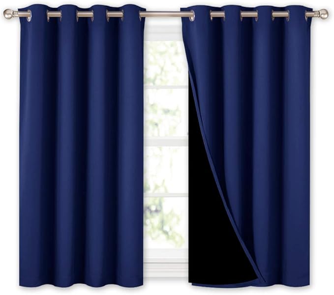 NICETOWN 100% Blackout Curtains with Black Liners, Thermal Insulated 2-Layer Lined Drapes, Energy Efficiency Small Window Draperies for Dining Room (Royal Blue, 2 Panels, 52 inches W by 45 inches L) by NICETOWN