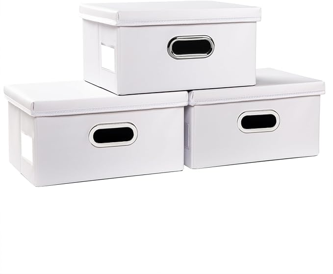 PRANDOM Collapsible Storage Box with Lid [3-Pack] Leather Fabric Foldable Storage Bin Organizer Container Basket Cube with Cover for Home Bedroom Closet Office Nursery White(13.6x9.6x6.9) by Prandom