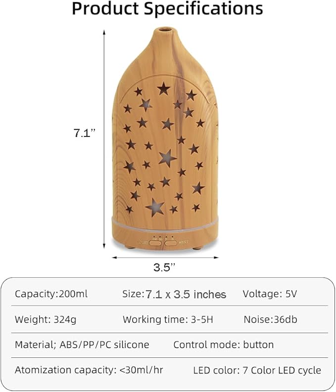 Essential Oil Diffuser,7.1''x3.5'' Diffusers with 3 Aromatherapy Oils Set,Small 200ml Desk Humidifier with 7 LED Colors Night Lights,Waterless Auto-Off for Office Home Decor Gift (Star) - Image 5