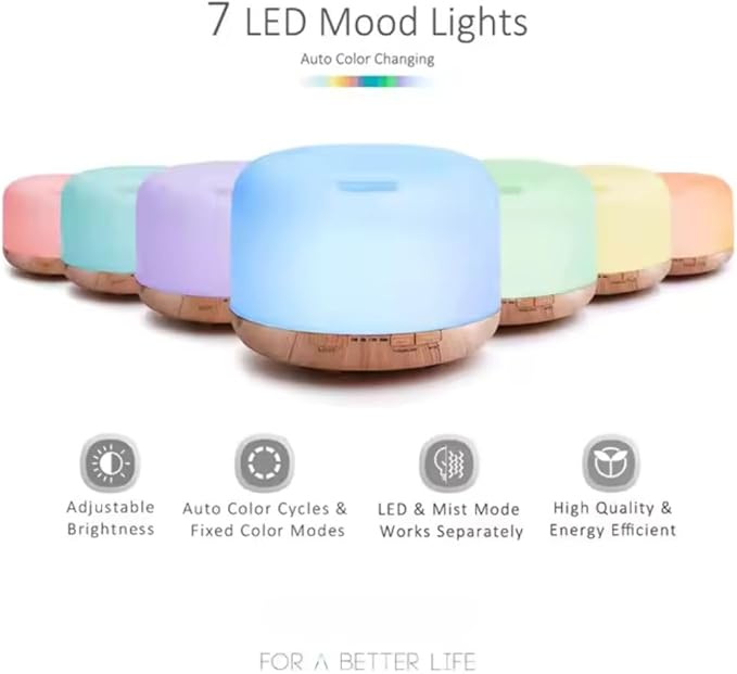 500ml Home/Office Aroma Diffuser, Essential & Fragrant Oil Vaporizer with Multi-Color Lighting for Night Stand, Desk, Table, Remote Control, Timer & Auto-Off Switch, Brown, Premium - Image 5