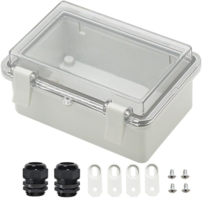 Zulkit Junction Box ABS Plastic Dustproof Waterproof IP65 Electrical Boxes Hinged Shell Outdoor Universal Project Enclosure Clear Cover with 2 Cable Glands 5.9 x 3.9 x 2.8 inch (150x100x70 mm) by Zulkit
