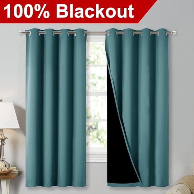 NICETOWN 100% Blackout Blinds, Set of 2, 46" x 45", Sea Teal, Laundry Room Decor Window Treatment Curtains for Large Patio Sliding Door, Thermal Insulated Curtains for Bedroom - Image 2