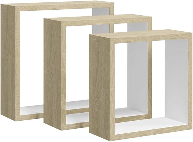 vidaXL 3 pcs Wall Cube Shelves in White and Sonoma Oak - Stylish Floating Shelves with Invisible Mounting, MDF Construction for Sturdy, Decorative Display by vidaXL