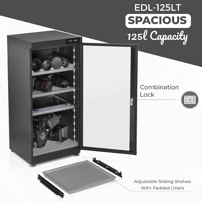 125LT Electronic Dry Cabinet for Camera, Lens & Electronics – Silent Dehumidifying Storage, Touchscreen Humidity Control (60‑35% RH), 4 Adjustable Shelves, LED Light, Lock, Energy Saving - Image 7