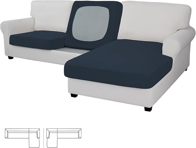Easy-Going Stretch 3 Pieces Couch Cushion Covers for Sectional Sofa Left/Right L Shape Chaise Lounge Sofa Seat slipcover Anti-Slip Sofa Cover Soft (2 Seater + 1 Chaise, Dark Blue) by Easy-Going