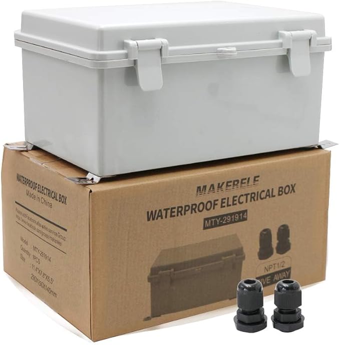 MAKERELE Waterproof Electronic DIY Projects Cable Enclosure Outdoor With Wall Bracket 11.4"7.5"5.5" (290190140mm) IP65 Outside ABS Plastic Electrical Box With 2 NPT 1/2” Glands by MAKERELE